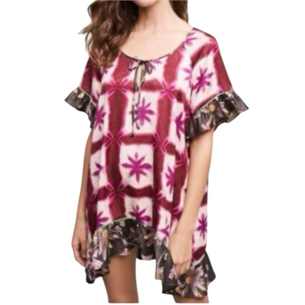 ANTHRO’ ELOISE Shibori Batik Blooms Hawaiian Chemise Ruffled Shift Dress Size S